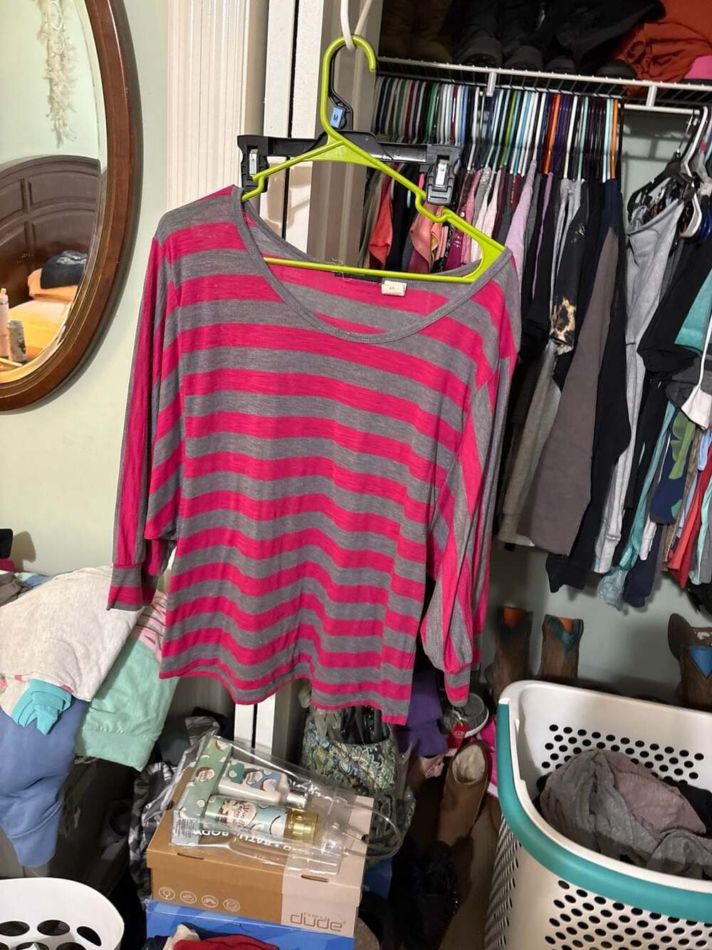 New Directions XL Pink and Grey Striped Dolman Sleeve Top